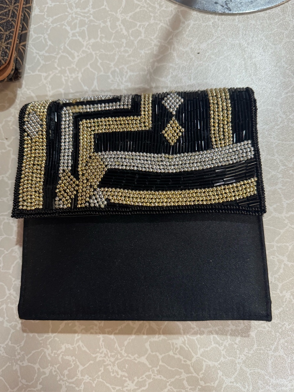 Beaded Black Evening Clutch with Gold & Silver Accents